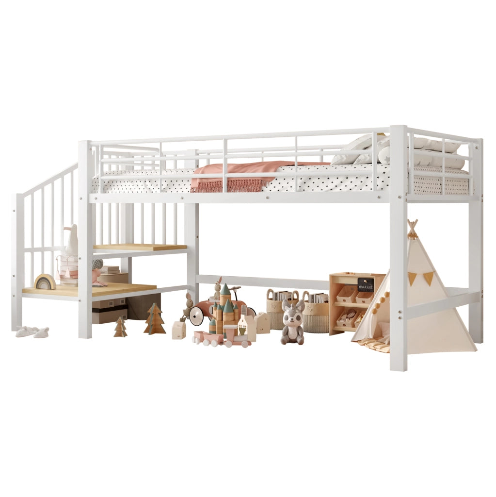 Letto a soppalco 90x200 cm con scala contenitore in MDF e metallo bianco