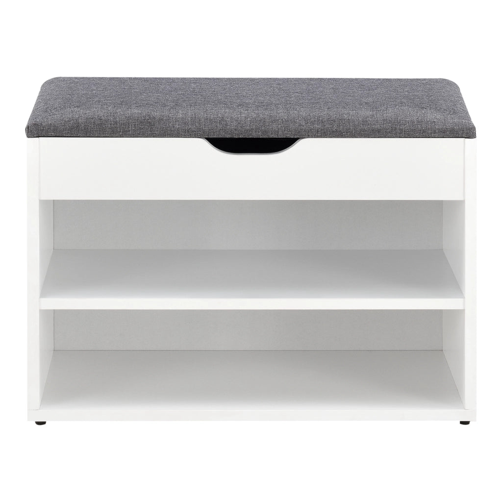 Panchina Portascarpe con Seduta Apribile (AxLaxP) 46 x 60 x 30 cm Panca da Ingresso/Corridoio Mobiletto con Seduta Imbottita, Contenitore e 2 Ripiani - Bianco/Grigio