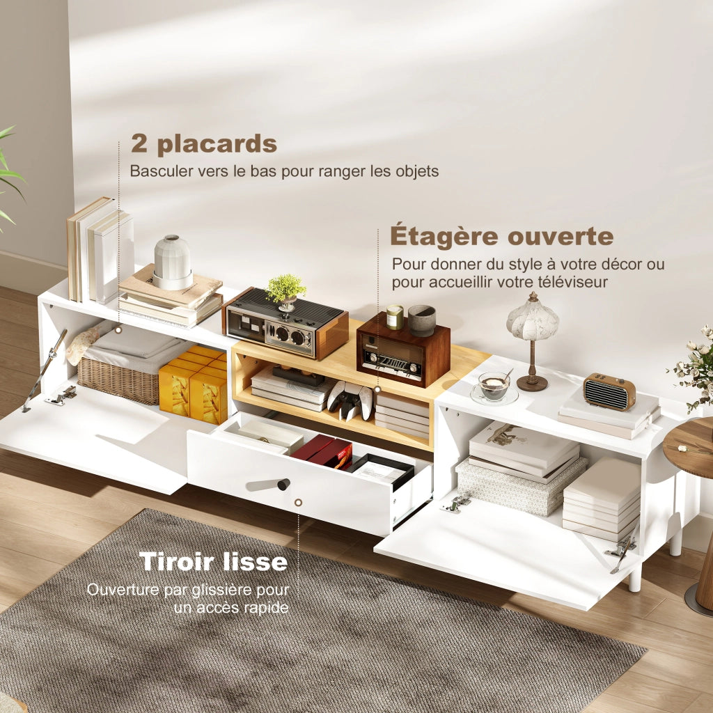 Mobile TV per televisore fino a 90 pollici con 2 ante e cassetto ¨C zephmum ¨C 200x35x45 cm bianco