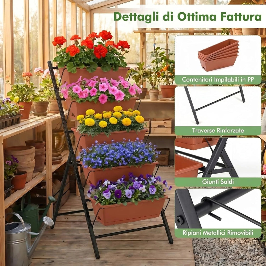 Fioriera Verticale a 5 Livelli, Orto Rialzato a Scaletta da Interno e Esterno, Scaffale Porta Piante Salvaspazio in Metallo con Fori di Drenaggio e 5 Sottovasi Rimovibili (Terracotta)