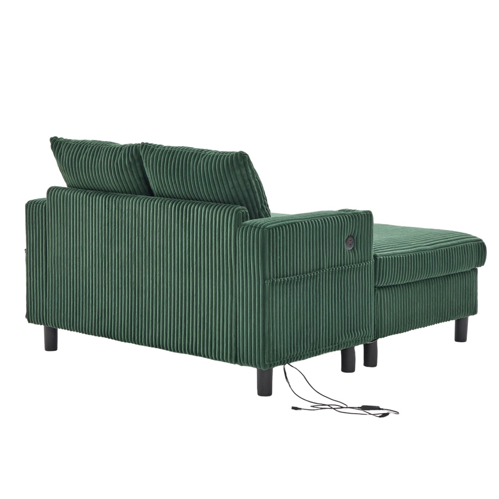 OKWISH Chaise Longue con USB, LED e Portabicchieri, Schienale Ergonomico, Velluto a Coste Smeraldo, 142 × 128 × 85 cm