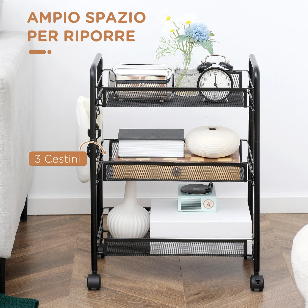 Carrello da Cucina 3 Livelli Cesti Removibili ¨C Zephmum ¨C Nero Acciaio Plastica 41.5x26.5x63 cm