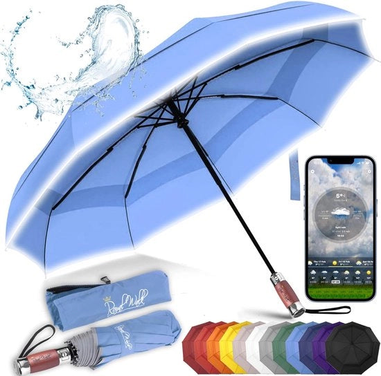 Paraplu Stormbestendig con Doppia Cupola Automatico con Chiusura a Vento Manubrio in Legno Reale con Riflessione per Uomo e Donna