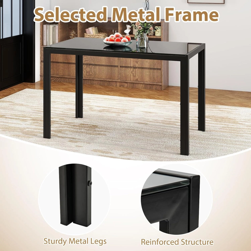 Tavolo da pranzo rettangolare, 120 x 70 x 75 cm, gambe in metallo robusto e piano in vetro temperato, portata fino a 90 kg, tavolo moderno da cucina (nero)