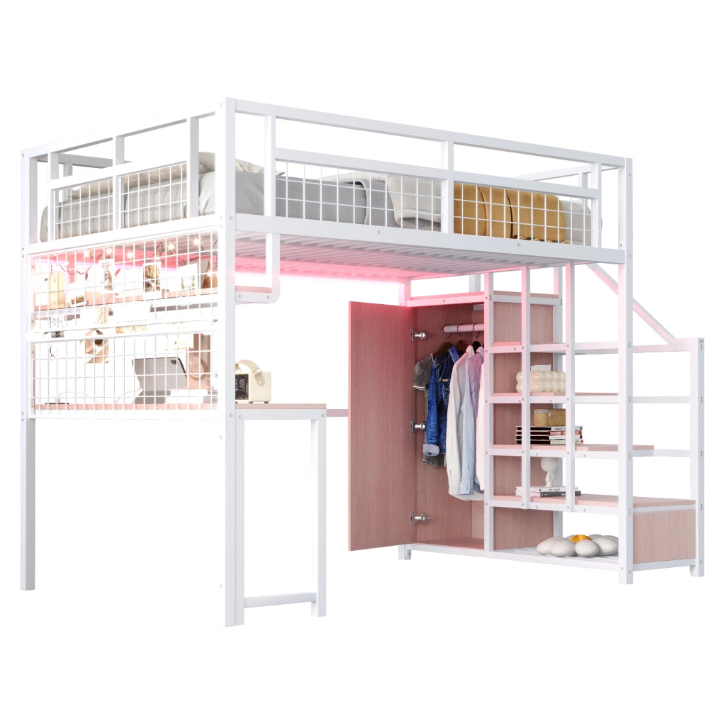 Letto a soppalco in metallo 140x200 cm bianco con scrivania; scaffale; scala contenitore e luce