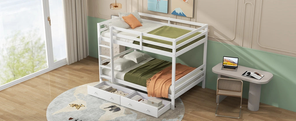 DESMIU Letto a castello 140 × 200 cm 2 posti con contenitore, scala, con materasso, in pino e MDF, bianco