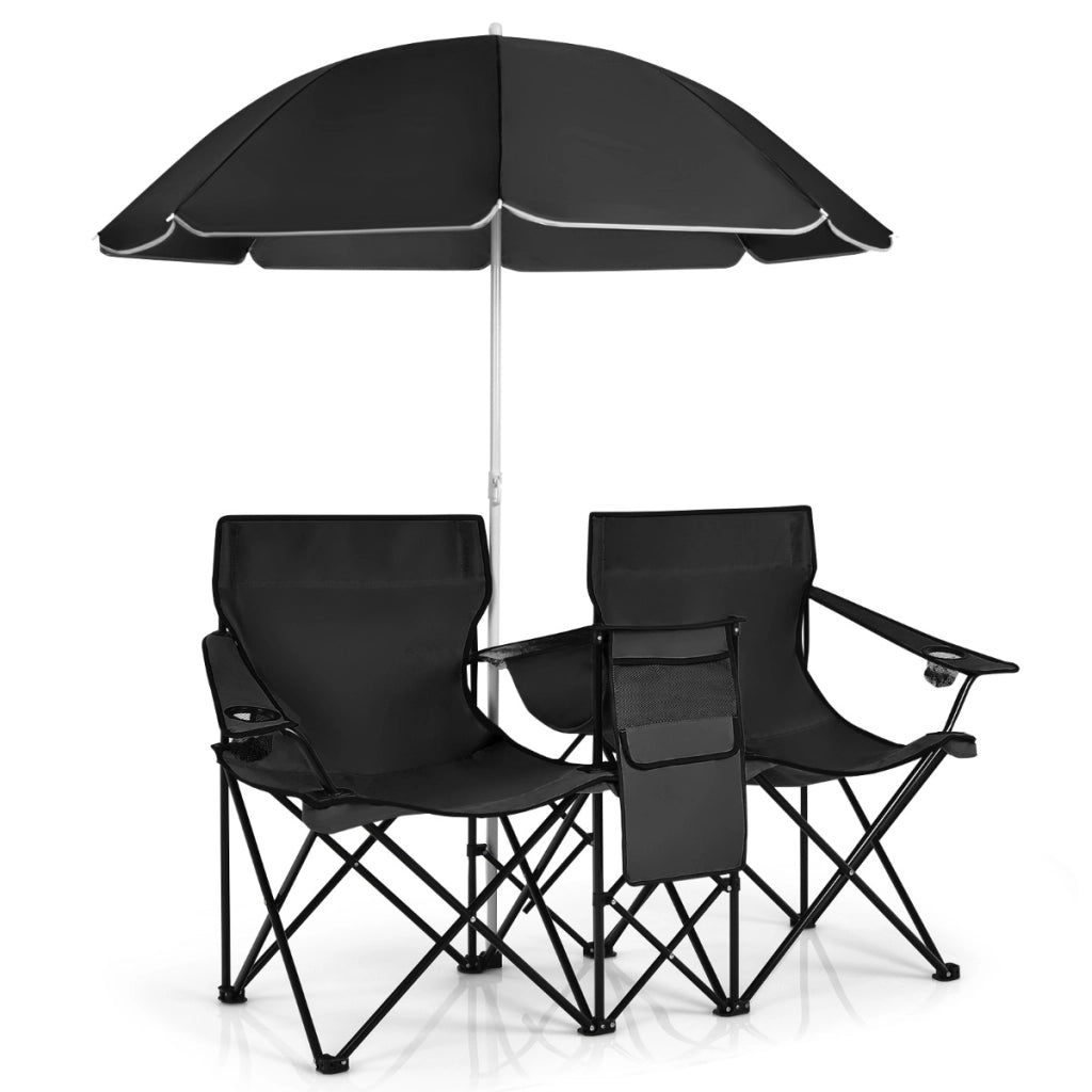 Sedia da picnic in acciaio portatile e pieghevole-Sedia da esterno con ombrellone mini tavolo porta bevande Nero