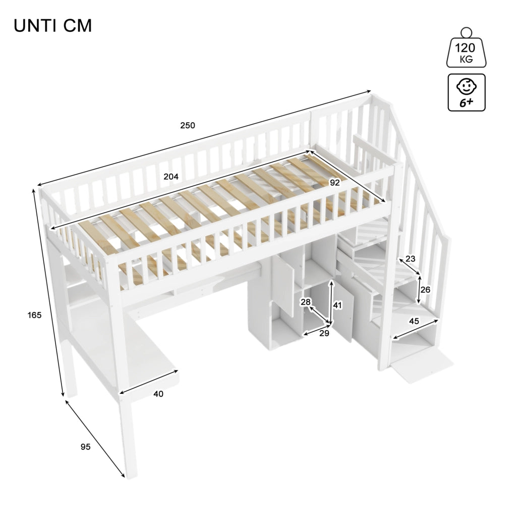 Letto a soppalco 90x200 cm con scrivania, LED e scala contenitore