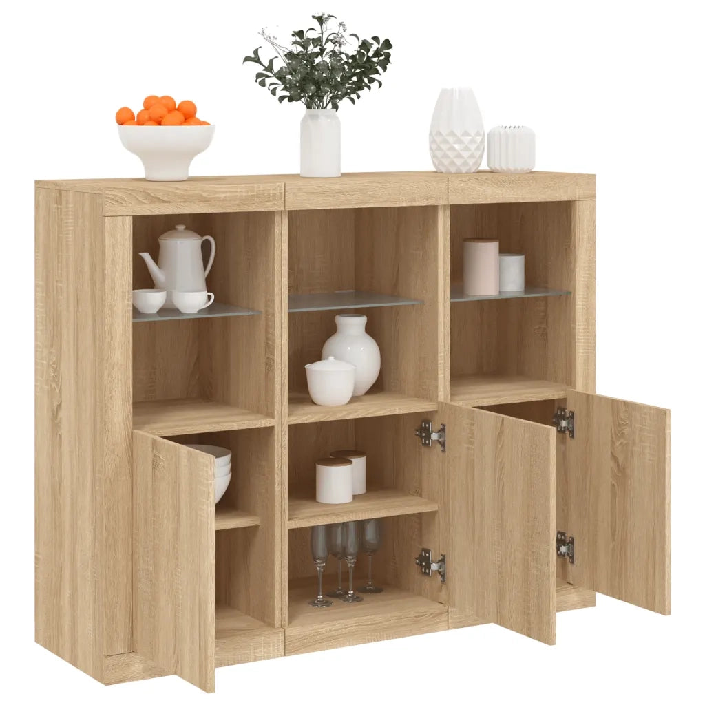 Credenze con Luci LED 3 pz | Madia | Buffet da pranzo | Armadio da pranzo Rovere Sonoma in Legno Multistrato