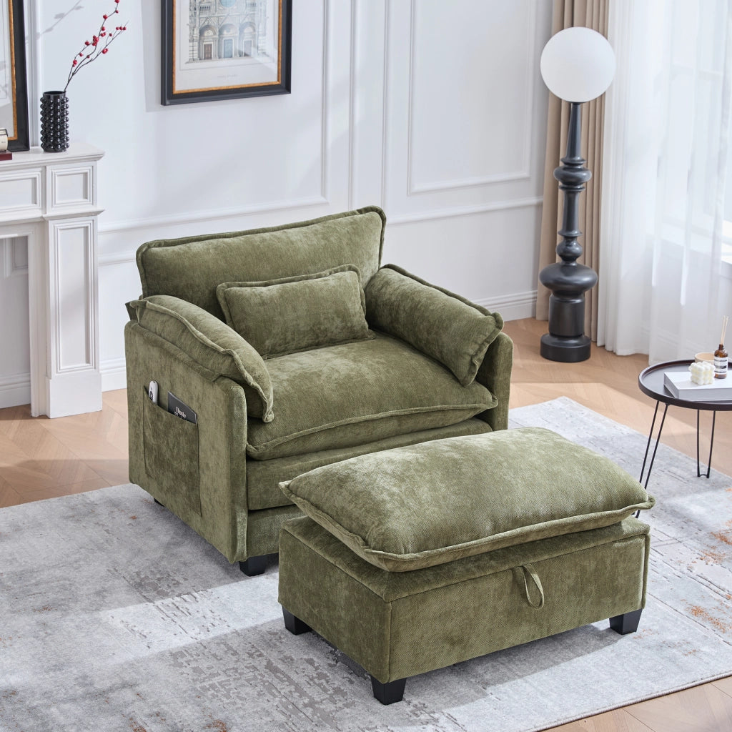 Poltrona oversize con poggiapiedi e pouf - Zephmum- Velluto, tasche laterali, cuscini