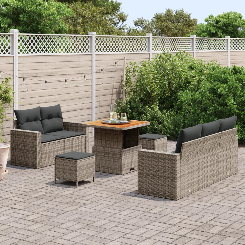 Set di Divani da Giardino 8 Pezzi con Cuscini Grigio Rattan Polietilene Acacia