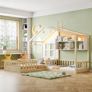 Letto per bambini a casetta 90x200 cm con LED; ripiani e sponda; legno naturale/bianco