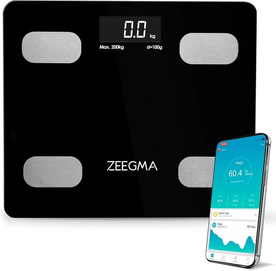 Peso digitale intelligente con analisi Bluetooth e App - iOS e Android - 17 parametri di misura - massa grassa, massa muscolare e massa ossea - IMC - BMR - controllo del peso - 8 profili personalizzati - LCD nero
