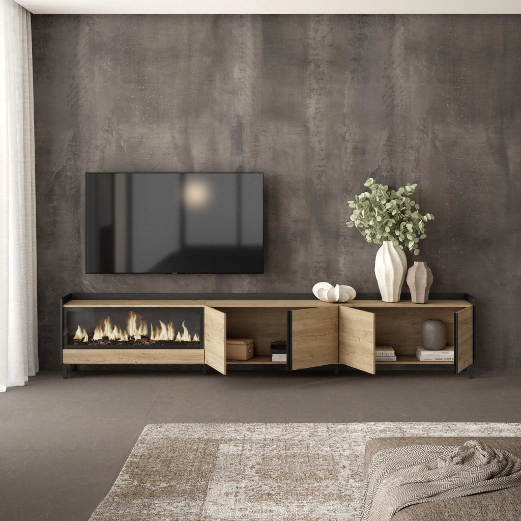 Mobile TV Soggiorno, 315x61x35 cm, Per TV fino a 80", Camino elettrico XXL, Design industriale, Rovere e nero