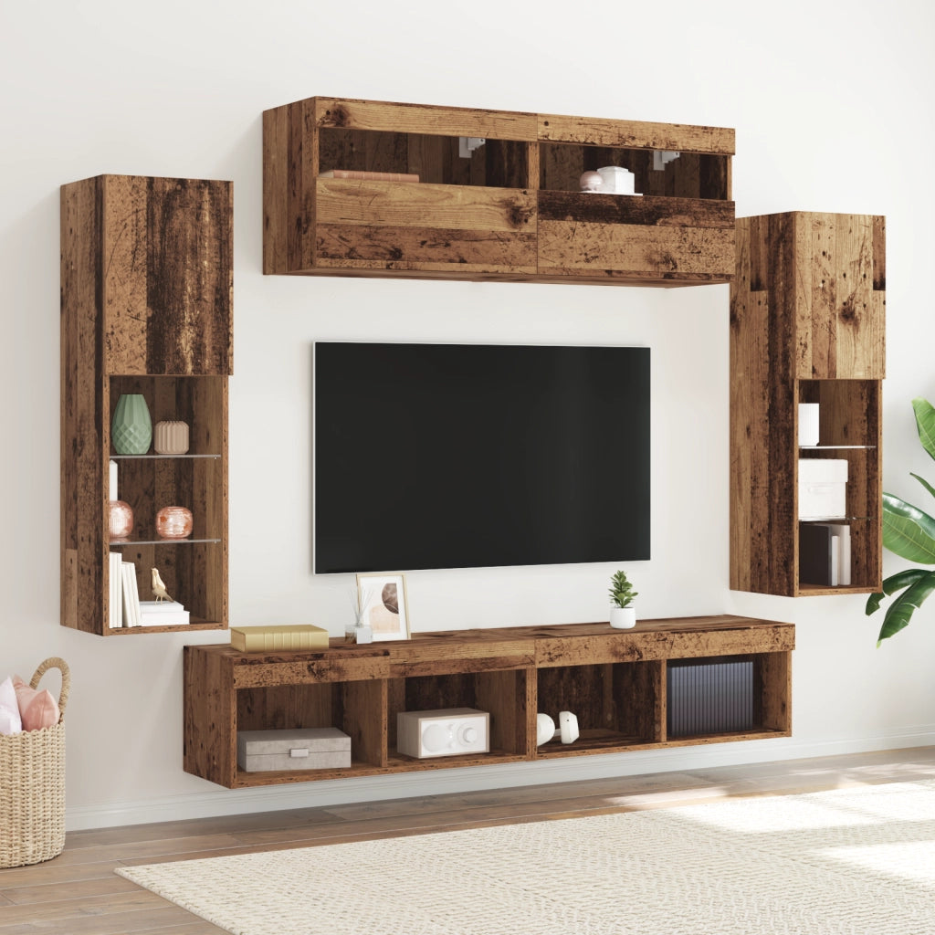 Set di 8 UnitÃ  Muro TV con LED Legno Antico Legno Ingegnerizzato
