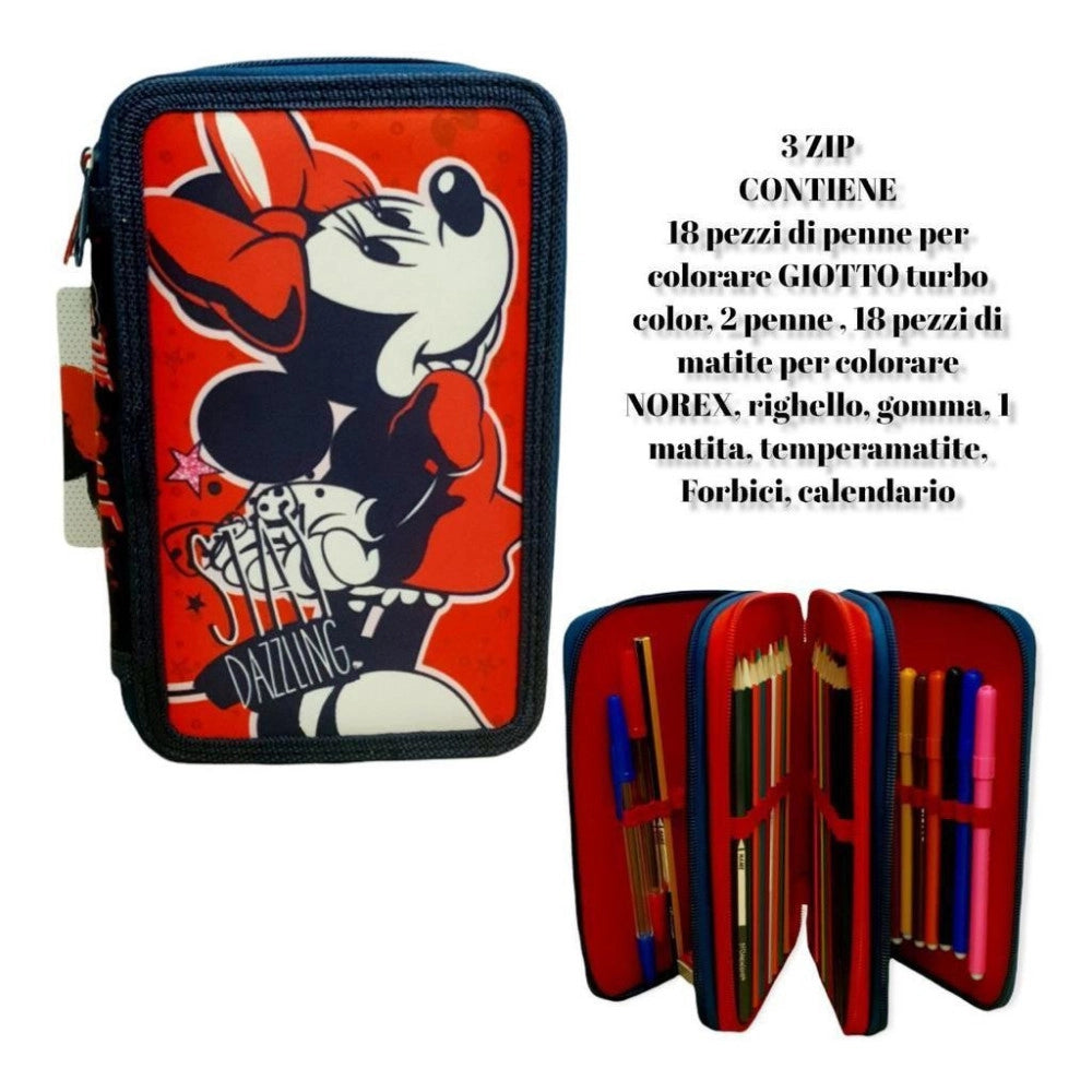 Trade Shop - Minnie Mouse Stay Dazzling Astuccio 3 Zip Cerniere Portapastelli Matite Scuola -
