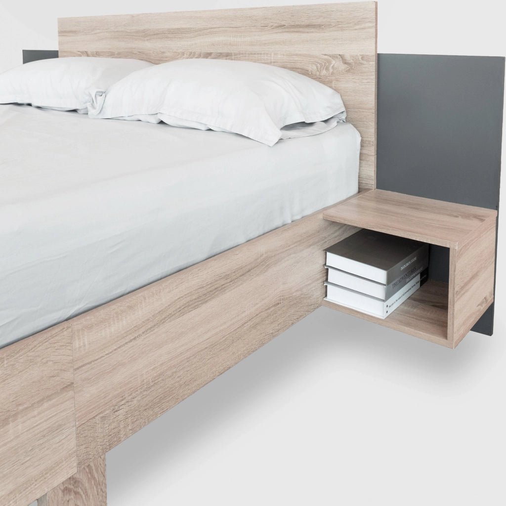 Letto matrimoniale 160x200 cm in legno massello con 2 comodini integrati; Sonoma Eiche e grigio scuro