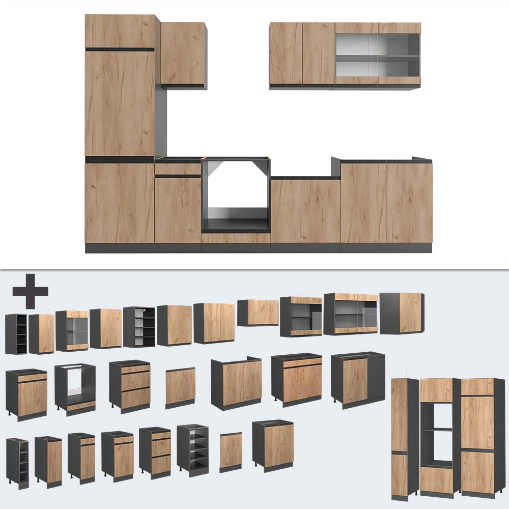 Cucina componibile R-Line Rovere dorato/Antracite 300 cm J-Shape, PL Marmo Vicco