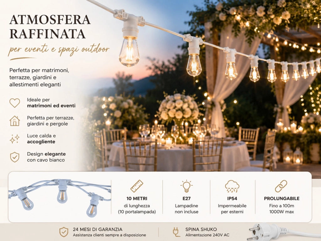 Catena luminosa catenaria 10 metri con 10 portalampade E27 IP54 cavo 2x1 mm² connettori IP65 prolungabile per esterno giardino