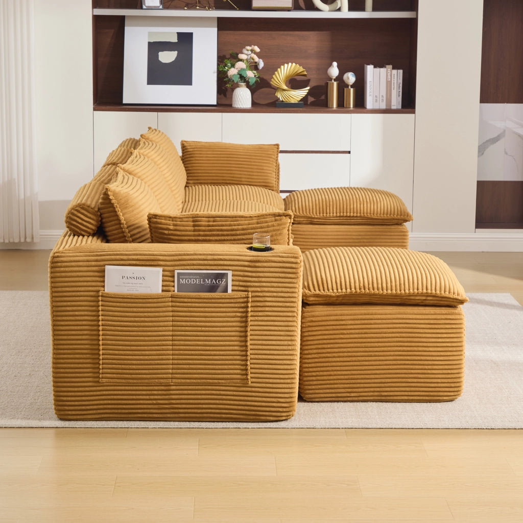 Divano modulare in velluto a coste arancione con tasche laterali e cuscini 322x161x75 cm