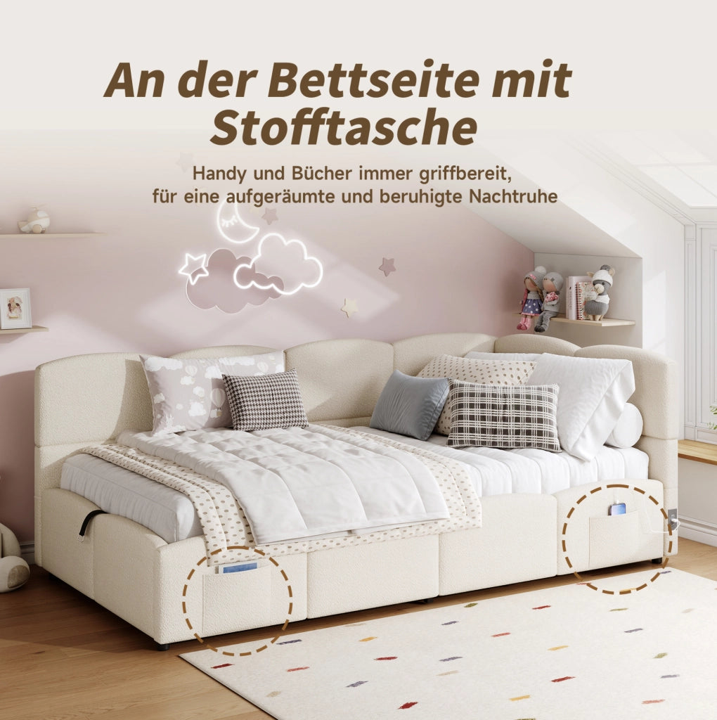 Letto singolo con contenitore 90x200 cm in bouclé beige; USB-A/USB-C e tasche laterali