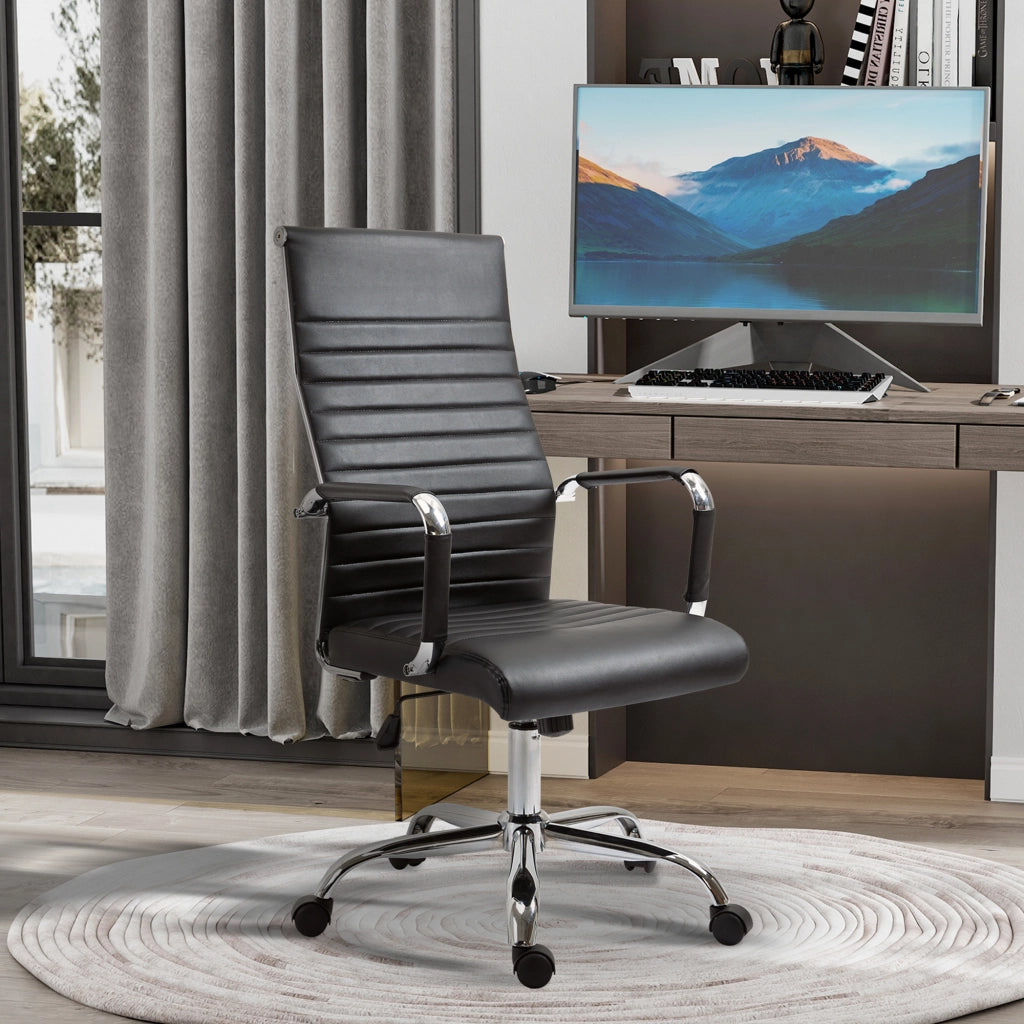 Sedia da ufficio ergonomica con schienale avvolgente altezza regolabile e rotelle in pelle rigenerata nera