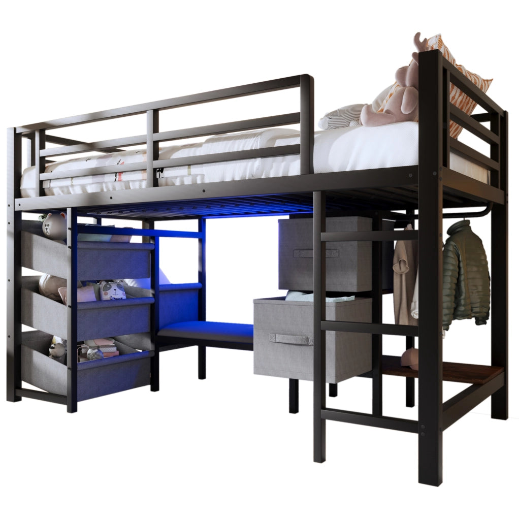 Letto a mezza altezza 90x200 cm con LED; cuscino seduta e contenitori in metallo