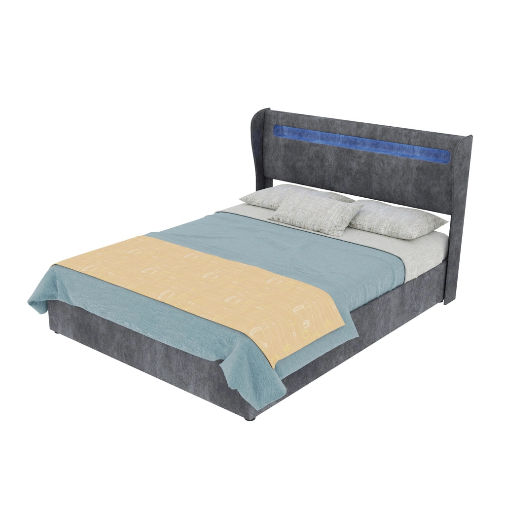 Letto matrimoniale 140x200 cm con testiera regolabile e illuminazione LED; grigio
