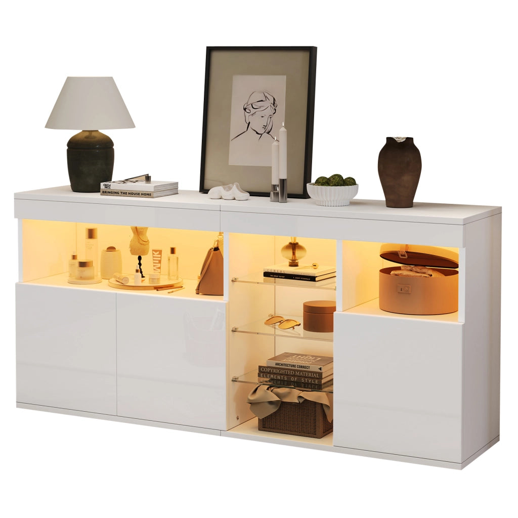 Credenza 155.5x35x72 cm con LED controllabile tramite app in truciolare e vetro bianco