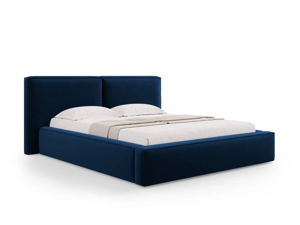 Cosmopolitan Design - Letto a cassettone con testiera doppia "Arendal" 160x200cm in velluto blu reale 