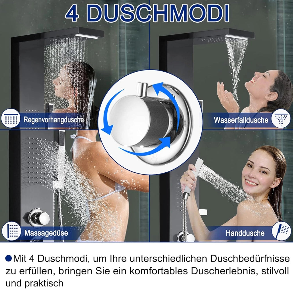Colonna Doccia Pannello Doccia Multifunzione 4 in 1 in Acciaio Inox 304 con Doccia a Pioggia Doccetta Doccia Idromassaggio Doccia a Cascata, Nero