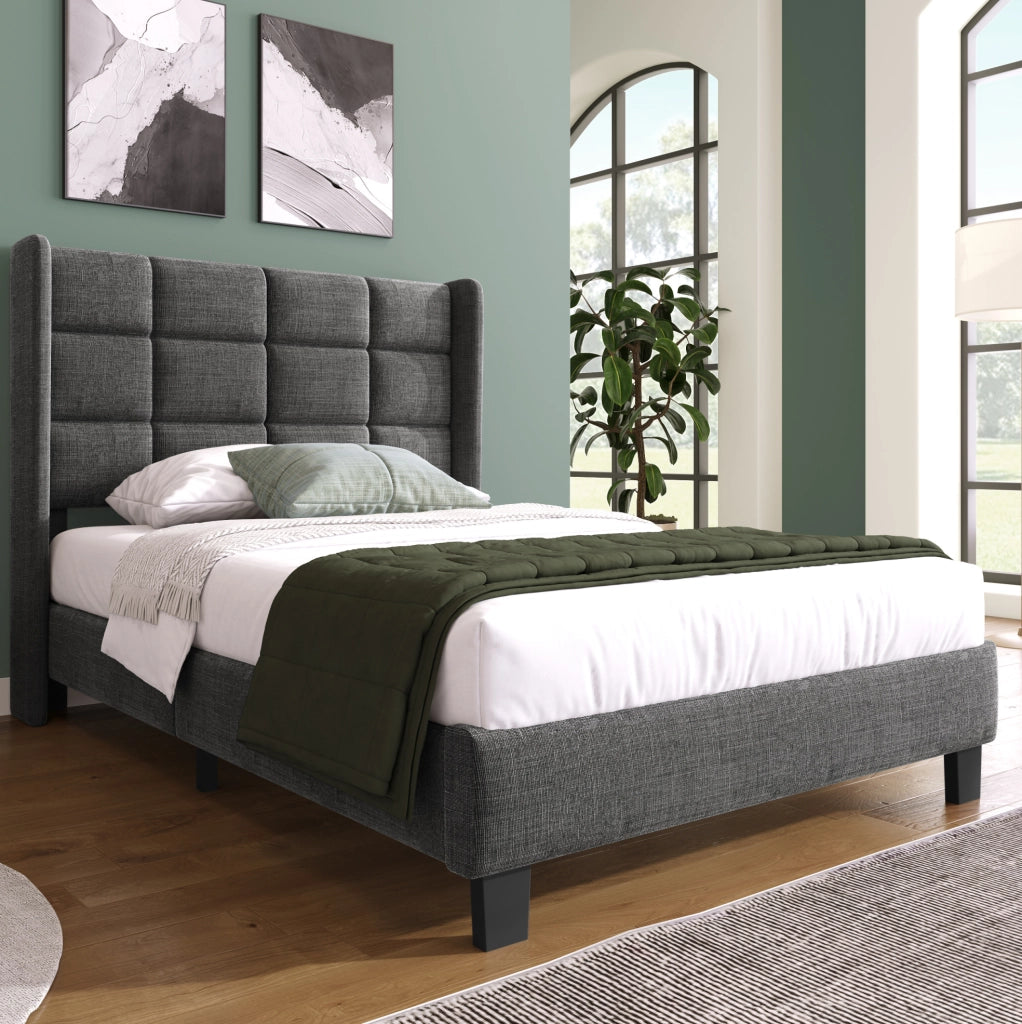 Letto imbottito singolo 90x200 cm in lino grigio con testiera alta e rete a doghe