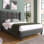 Letto imbottito singolo 90x200 cm in lino grigio con testiera alta e rete a doghe