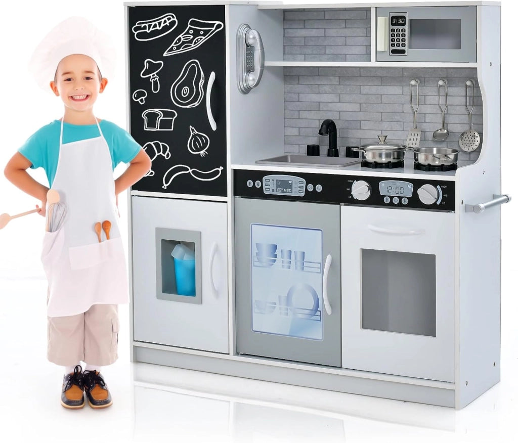 Cucina Giocattolo per Bambini, Cucina Legno per Bambini con Lavagna, Telefono, Microonde e Macchina per Ghiaccio, con Accessori e Suoni Realistici, per 3-6 Anni (Bianco)