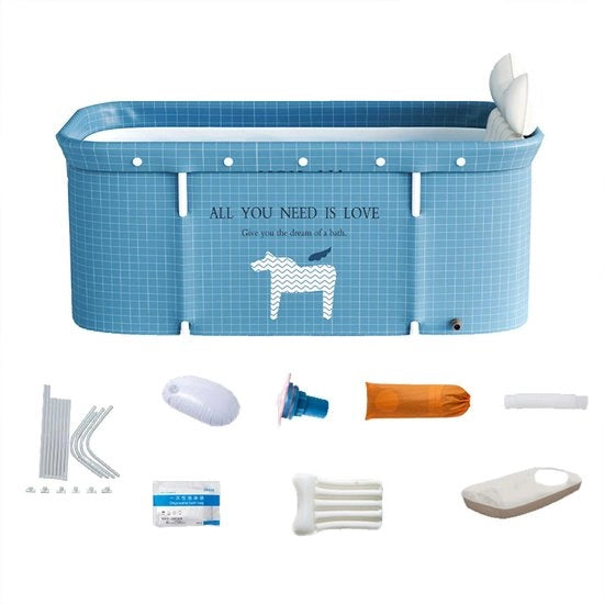 Bagno pieghevole per adulti - Bagno seduto - 120 cm - Bagno portatile per doccia - Bagno pieghevole - Bagno mobile - Bagno per la casa - Benessere - 120 x 60 cm - Bagno libero - Materiale plastico - Blu - Per famiglia - Incluso kit secchio