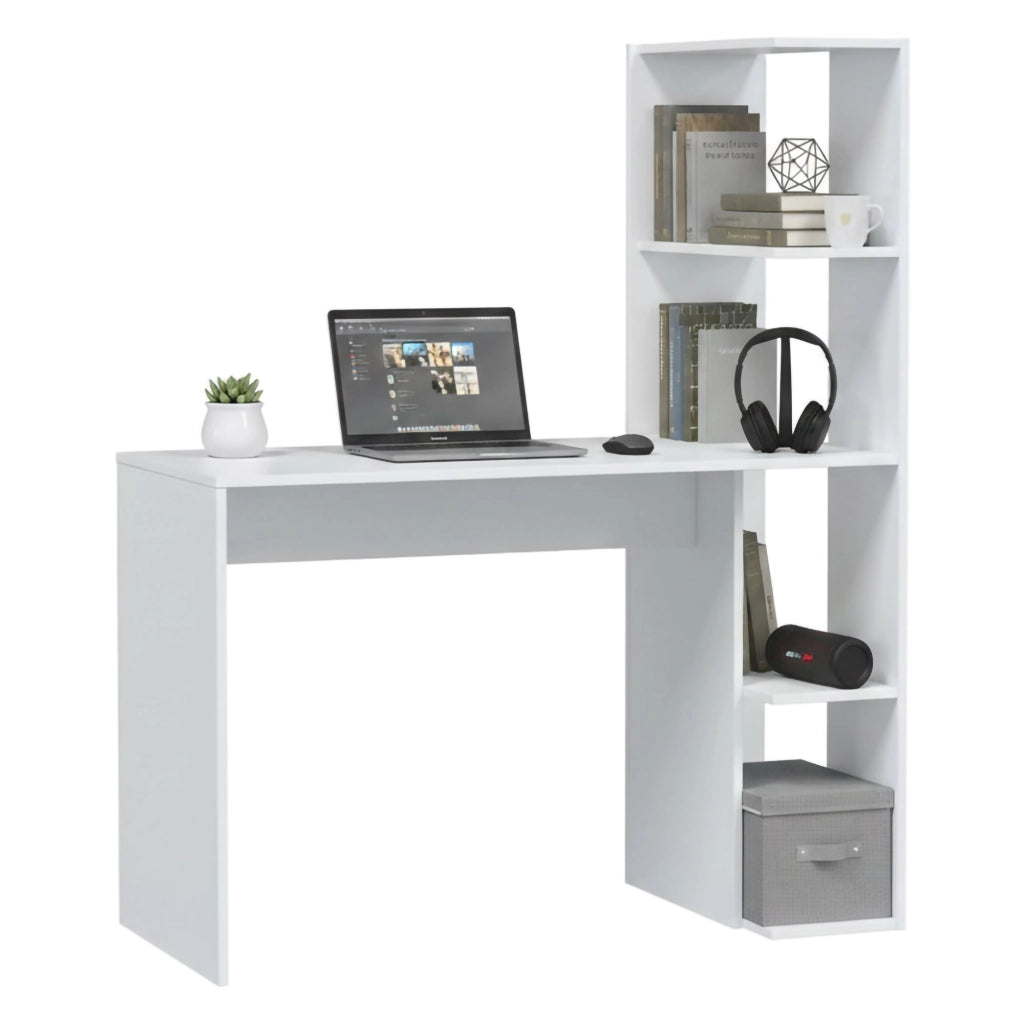 Scrivania Abba, Scrittoio lineare con libreria, Tavolo ufficio multiuso salvaspazio, 110x50h136 cm, Bianco