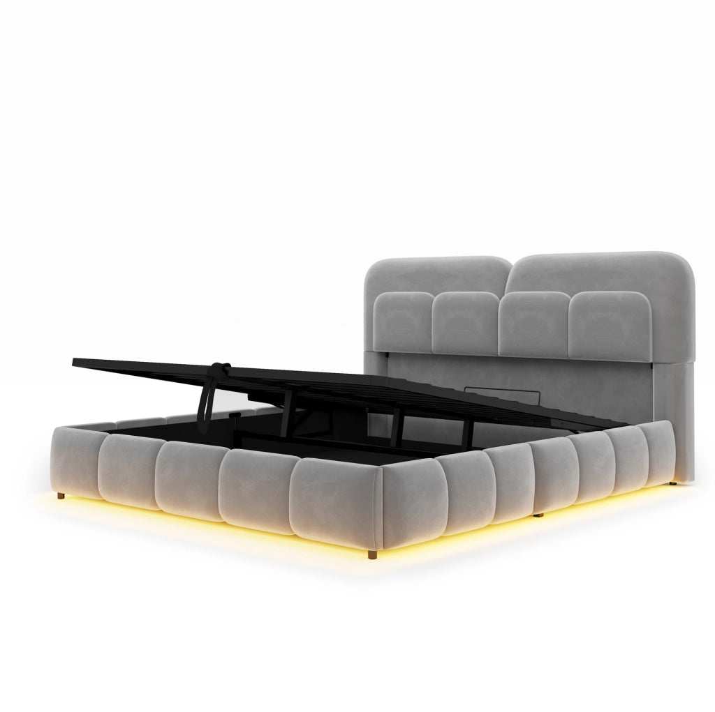 Letto matrimoniale imbottito 140 x 200 cm con contenitore idraulico; LED e velluto grigio