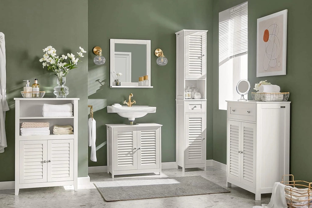Mobiletto Base per Bagno o Ingresso, con Due Ante e cassetto, in Stile tapparelle,Bianco,FRG238-W,IT