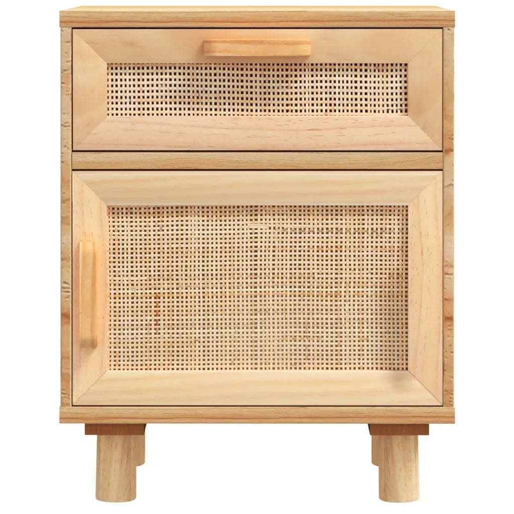 Comodino Marrone in Legno Massello di Pino e Rattan Naturale 345610