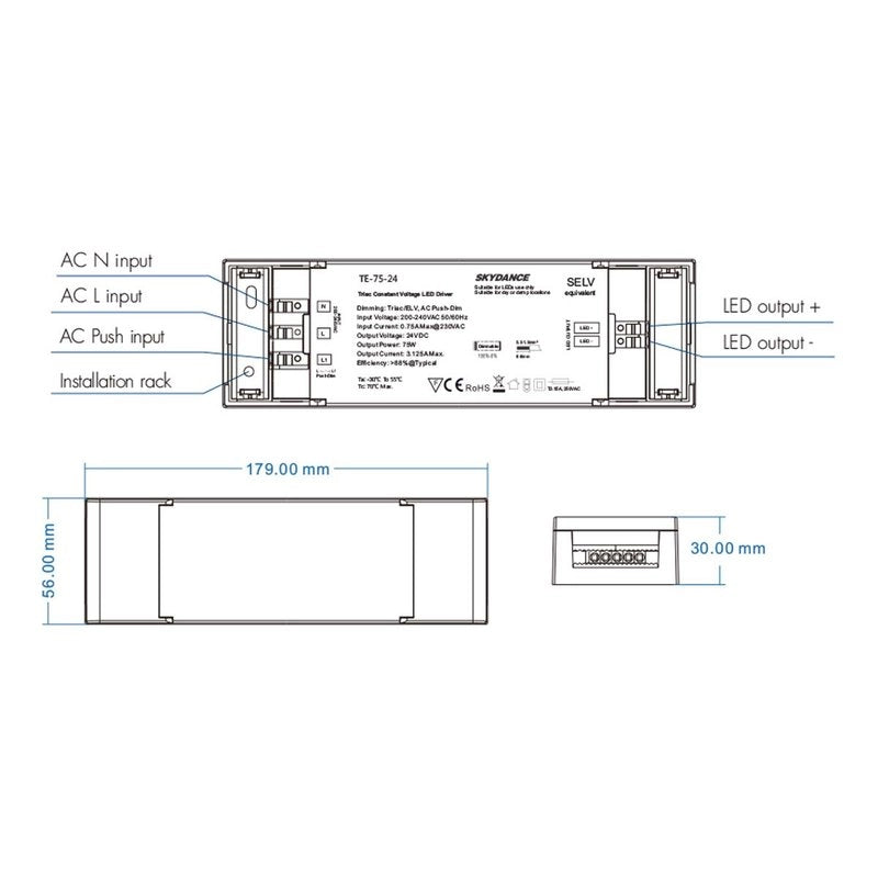 Alimentatore Dimmerabile CV 12V 75W Triac + Pulsante N.O. Varialuce Su 220V Per Striscia Led 12V TE-75-12