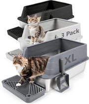 Pacco da 3 di gabbia per gatti in acciaio inossidabile, gabbia per gatti alta in metallo con cucchiaio, pedale filtro, non adesivo, inodore, facile da pulire (grigio scuro, grigio chiaro e nero) (XL, pezzi, 3)