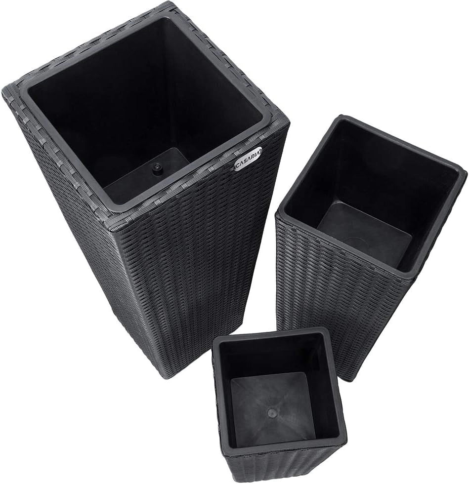 Deuba CASARIA® Set di 3 Vasi da Fiori in Polyrattan Intrecciato con Sottovaso e Foro Deflusso Acqua Richiudibile Vaso per Piante Effetto Rattan da Esterno Giardino Fioriere Fioriera