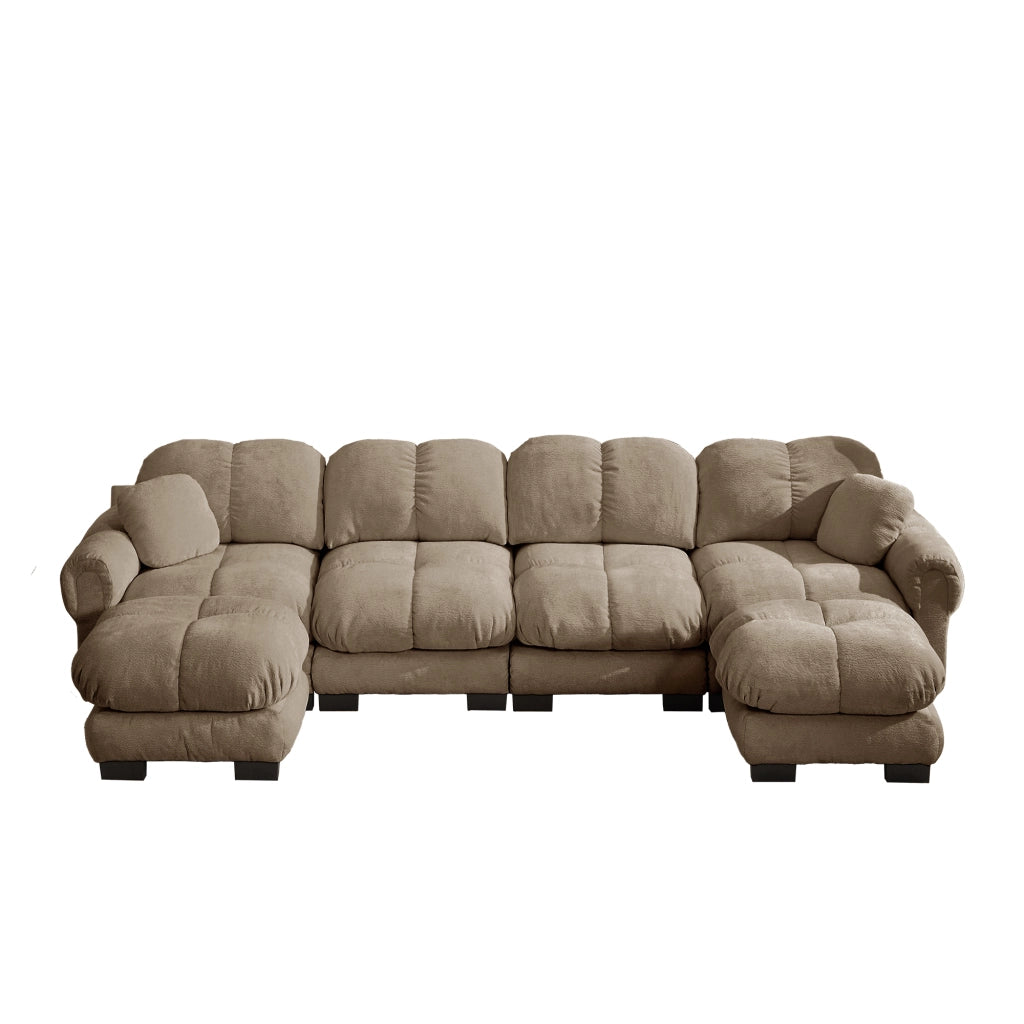 Divano modulare 330x149x90 cm con pouf mobili in ciniglia marrone