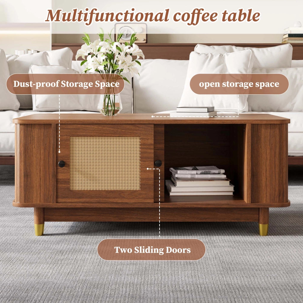 Tavolino basso con 2 ante scorrevoli in rattan, vani interni e angoli arrotondati, noce, 100 × 50 × 42 cm