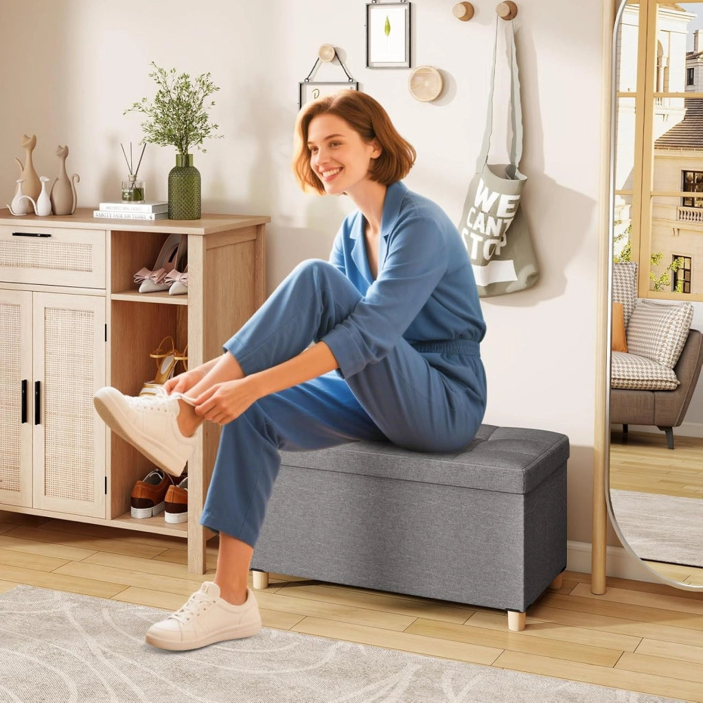 Panca Contenitore 78 L, Cassapanca Contenitore con Vassoio Reversibile e Gambe in Legno Massello, Panca Poggiapiedi Pieghevole in Tessuto di Lino per Soggiorno e Ingresso, 76 X 38 X 39 CM