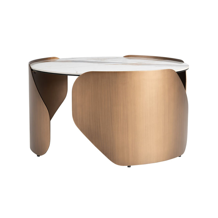 Tavolino rotondo in marmo porcellanato e acciaio color bronzo