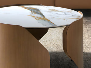 Tavolino rotondo in marmo porcellanato e acciaio color bronzo