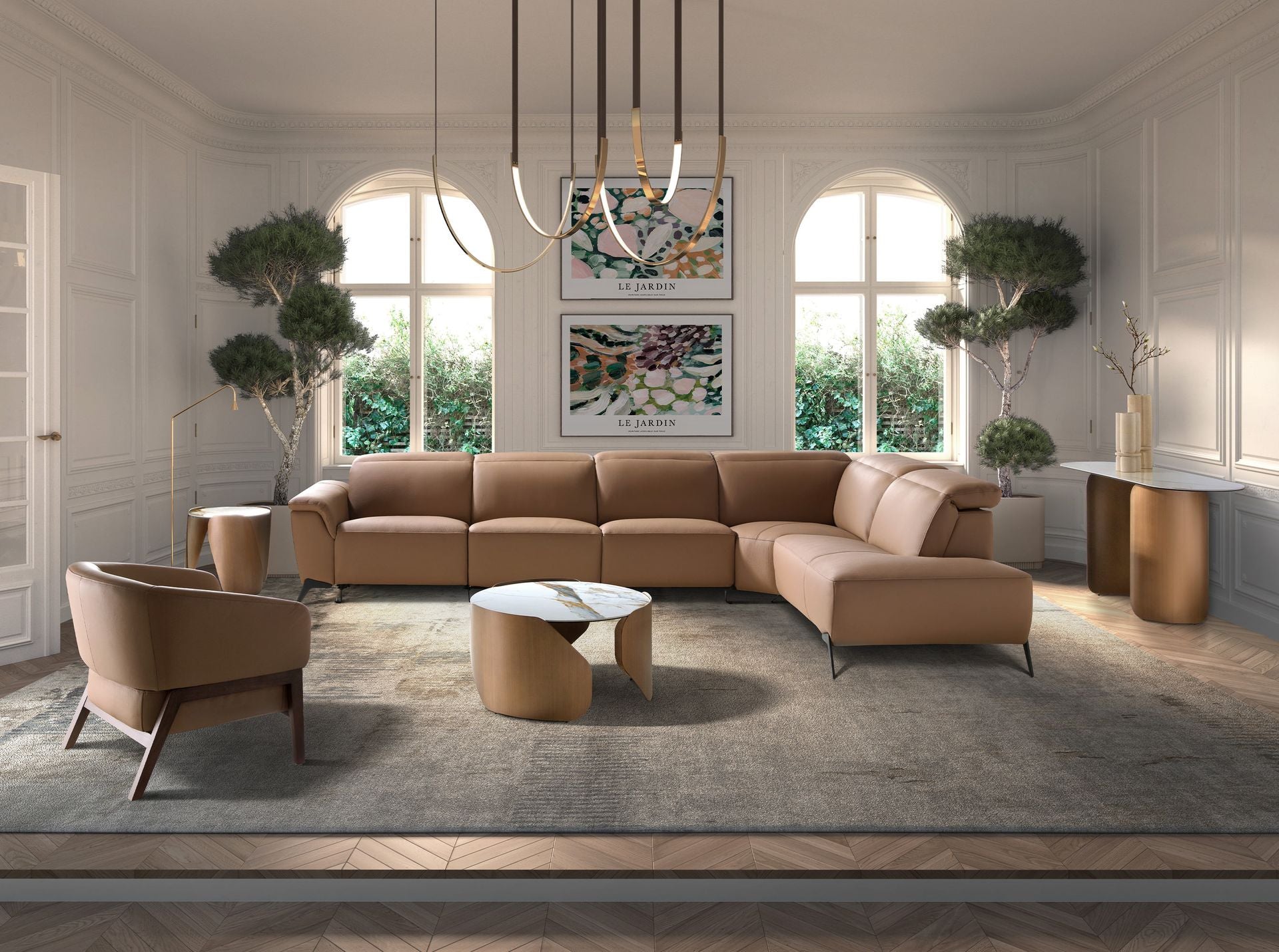 Tavolino rotondo in marmo porcellanato e acciaio color bronzo