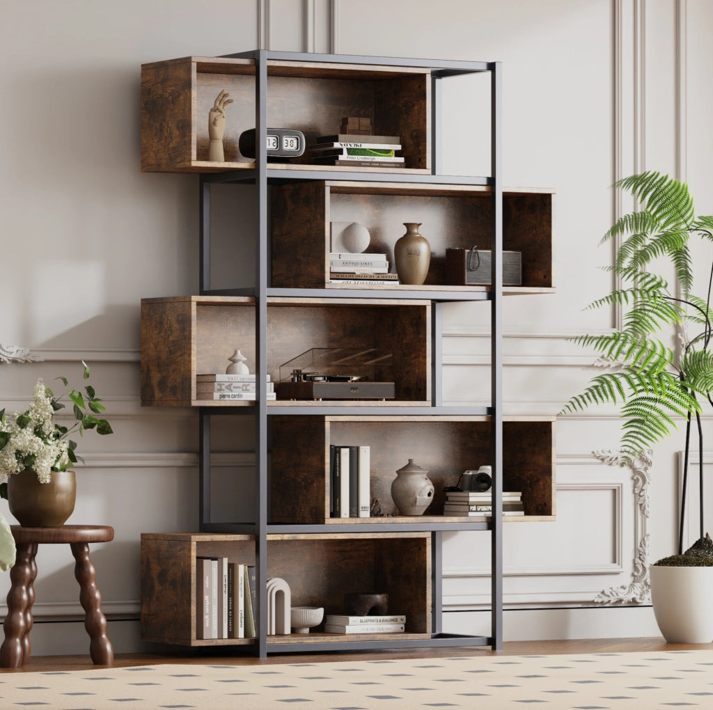 Libreria in MDF con ripiani aperti; stile industriale; nero e marrone