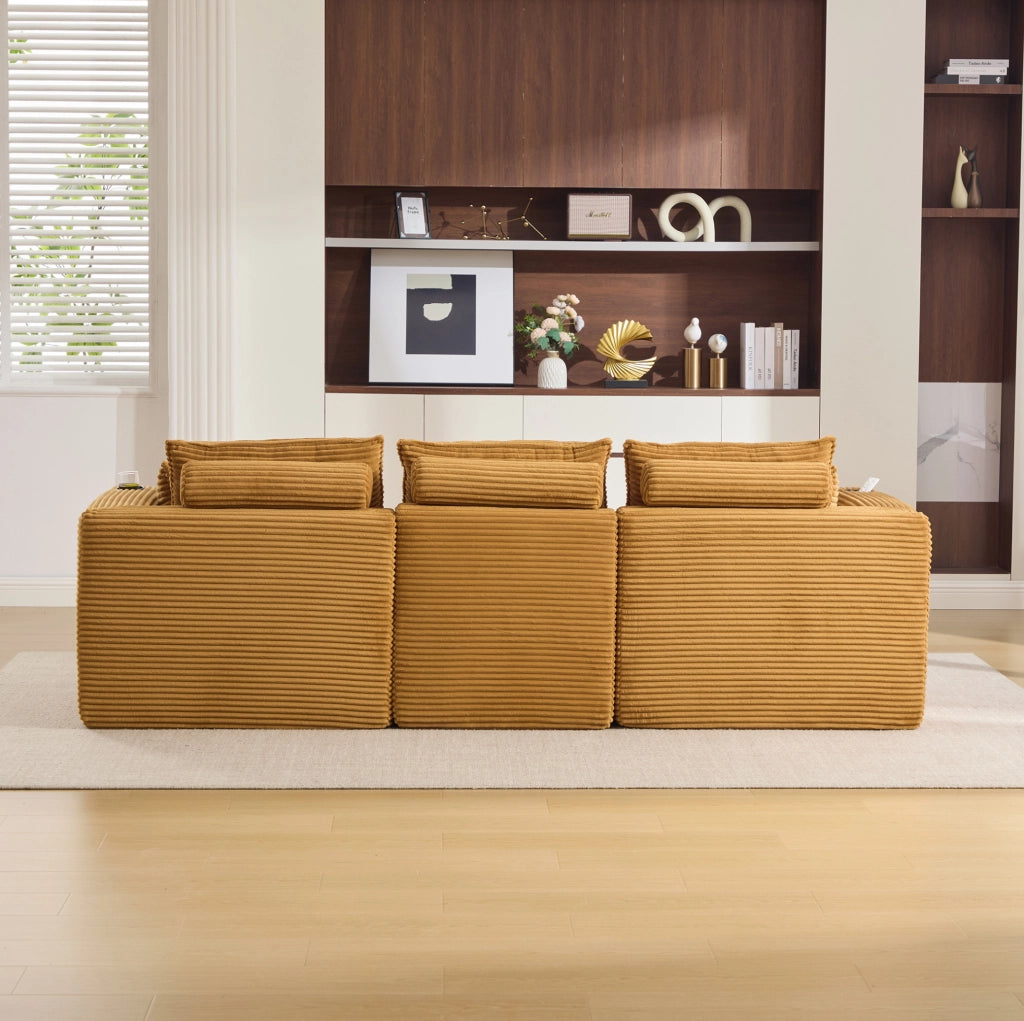 Divano modulare componibile con pouf; corduroy arancione